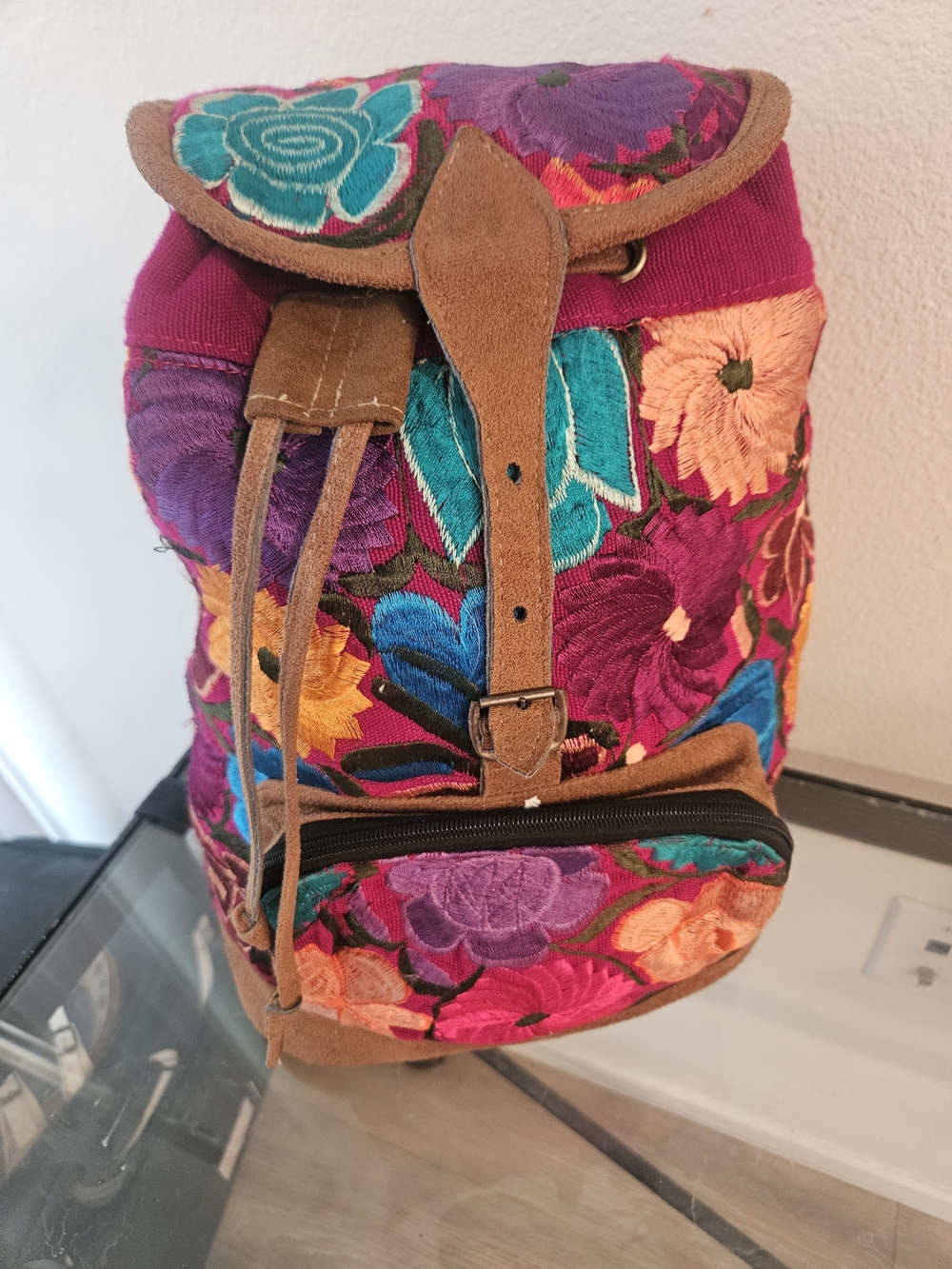 Source Unknown Magenta Floral Embroidered Drawstring Backpack